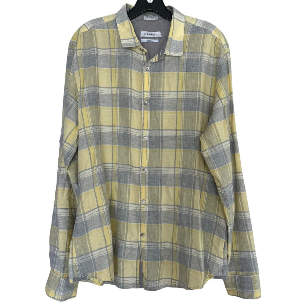 Calvin Klein Body Fit Plaid Button Down Shirt Yellow Gray Men’s L 100% Cotton